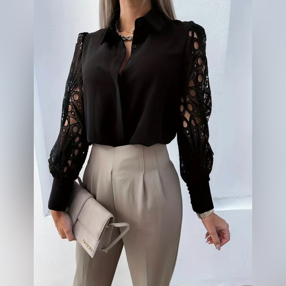 Elegant Hollow Out Solid Color Blouse Collar Long Sleeve - Picture 3 of 9